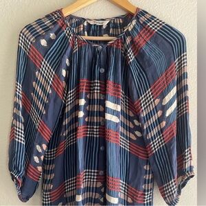 Tucker Plaid Button Down Silk Lightweight Blouse